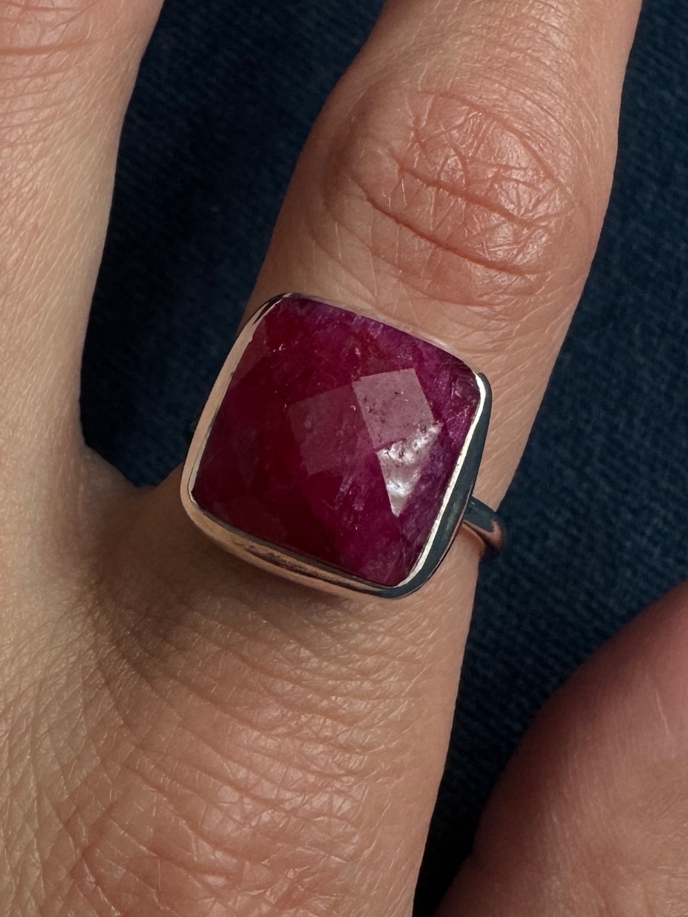 925 Sterling Silver Large Stackable Square Ring Rough‎ Cut Ruby Size 6